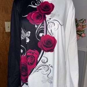 Black & White Rose Print Long Sleeve Top with Red Roses